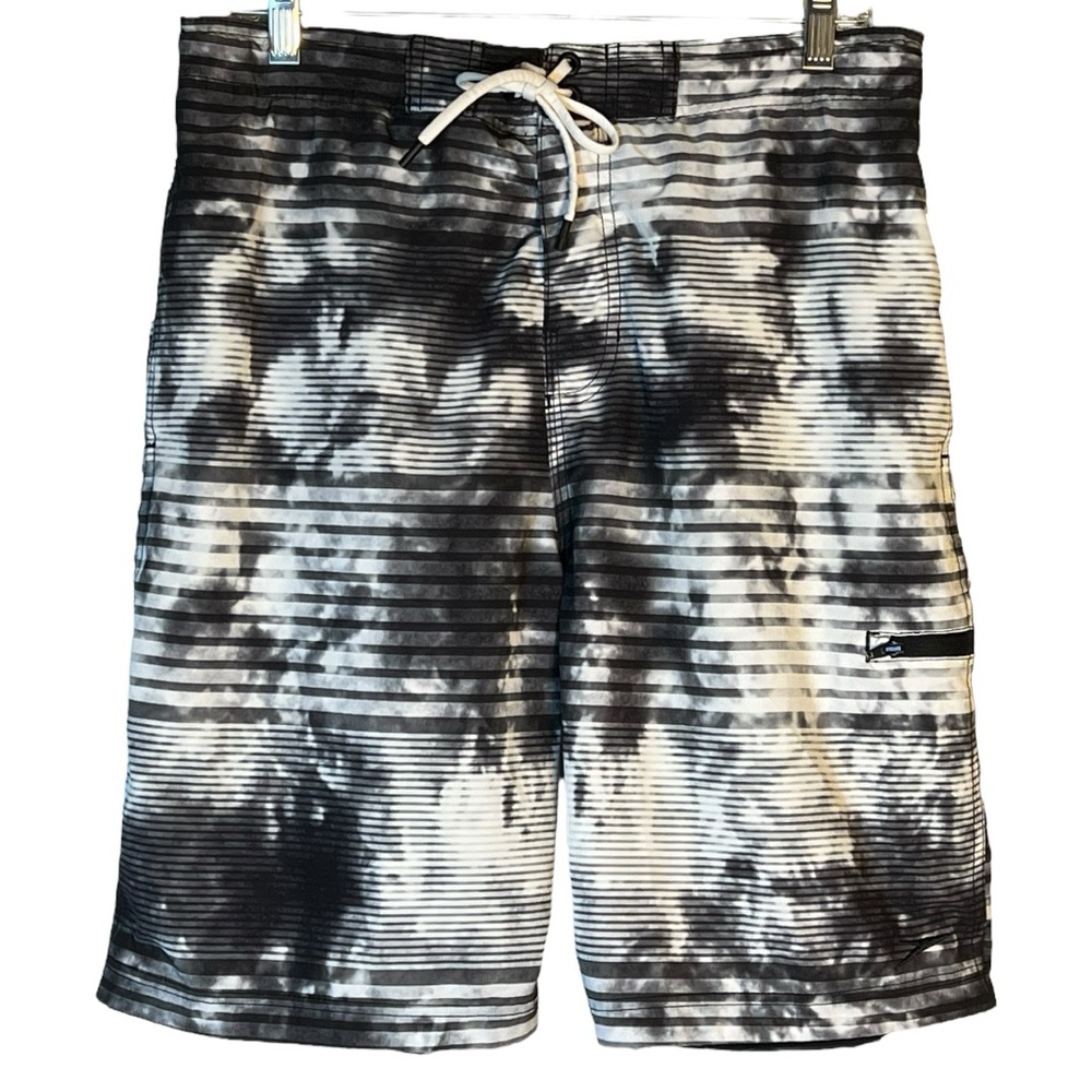 Speedo black/gray tie-dye stripe board shorts LG comfort stretch water-repellent